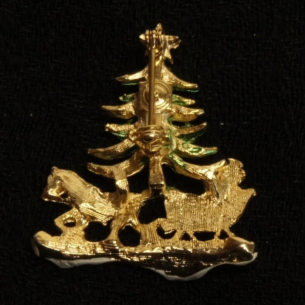 Vintage Christmas Tree‎ Sleigh Horse Brooch Enamel Rhinestone Holiday Pin